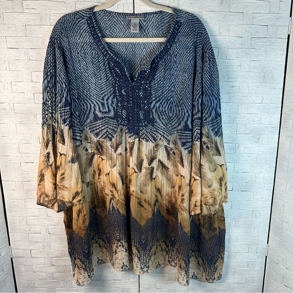 Catherines Womens tunic embroidered collar Bohemian coastal grandma plus size